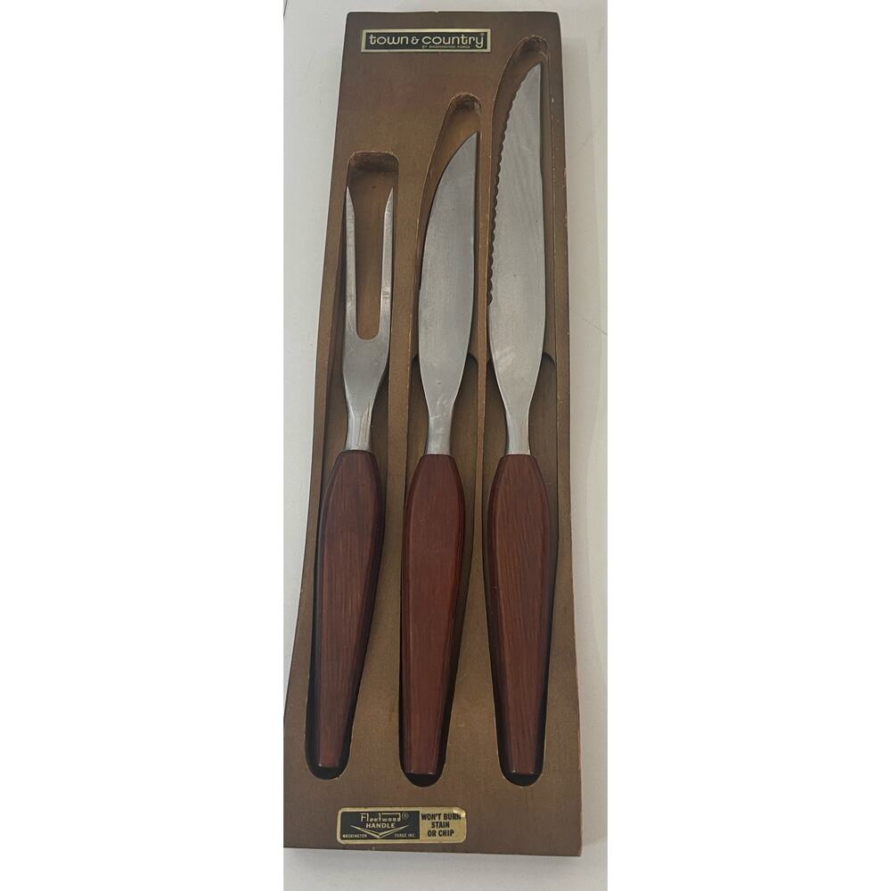 Vintage MCM Town & Country Washington Forge Fleetwood Teak Carving Knife Fork